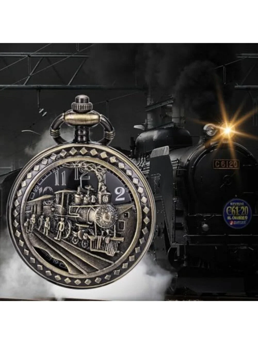 Oversized 50MM Quartz Pocket Watch with Chain - Steampunk Hollow Deer & Train